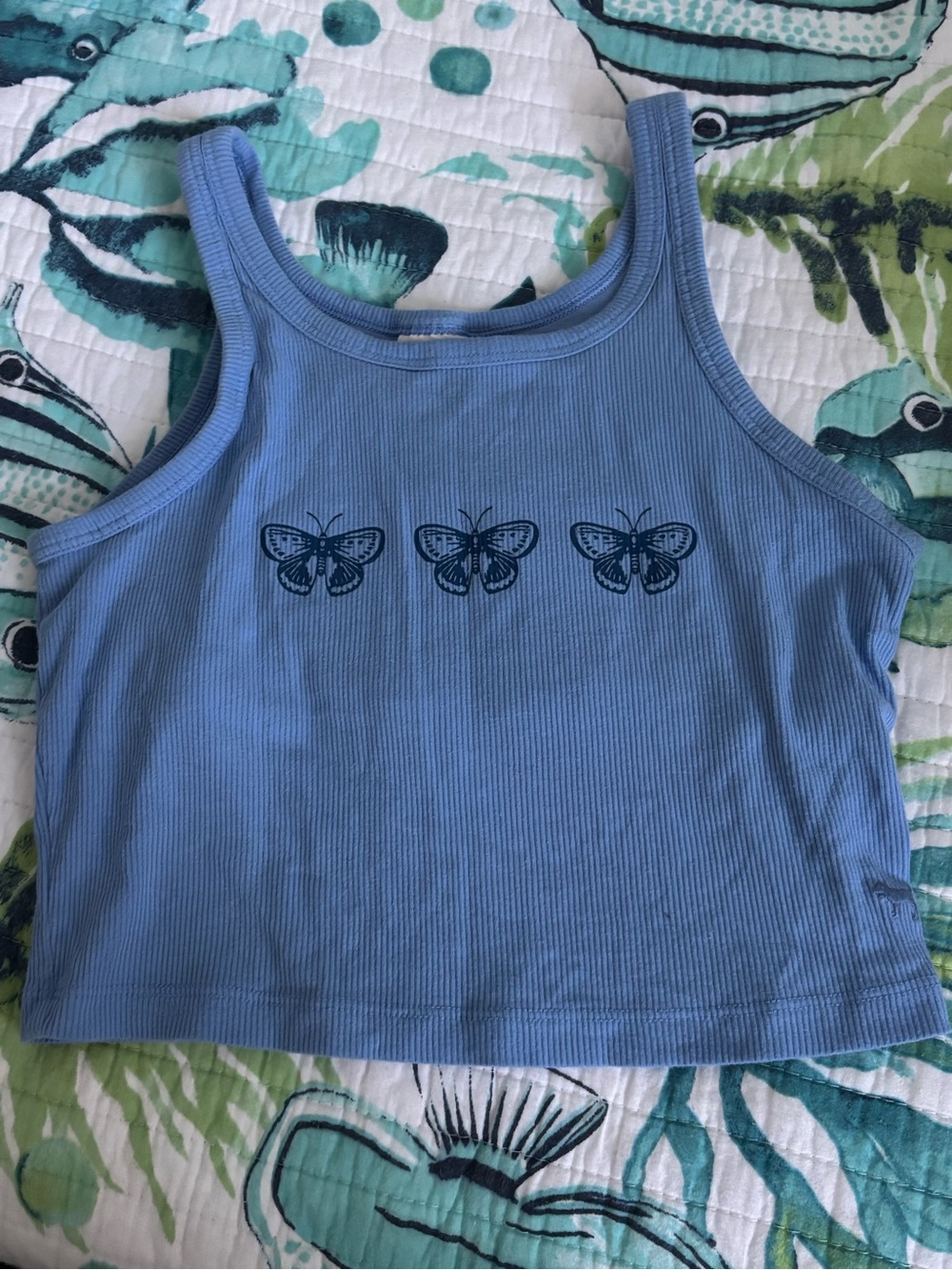 Victoria's Secret Light Blue Ribbed Crop Tank with Navy Butterflies